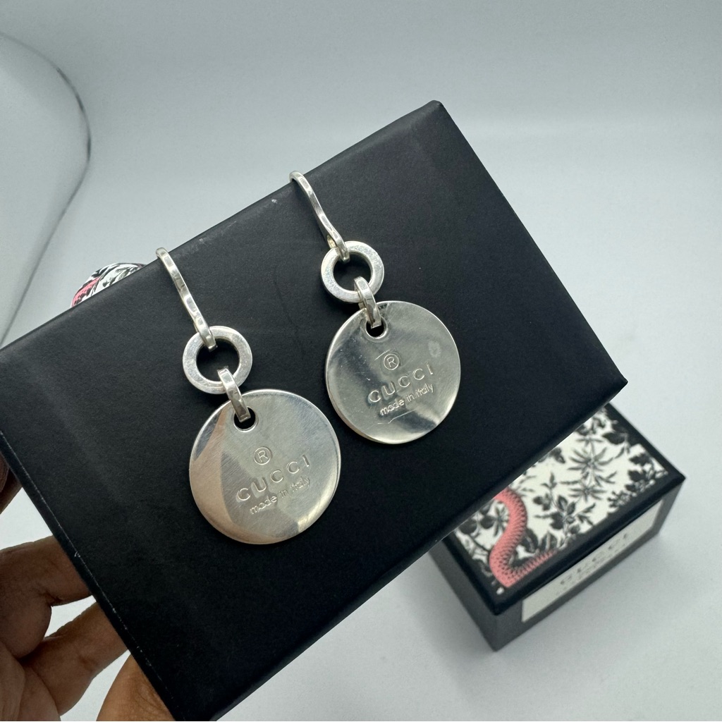 Gucci Trademark Round Drop Earrings Sterling Silver New